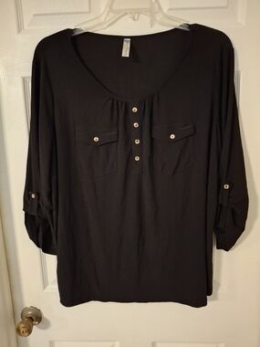 Perseption Black Scoop-Neck Button-Front Tunic